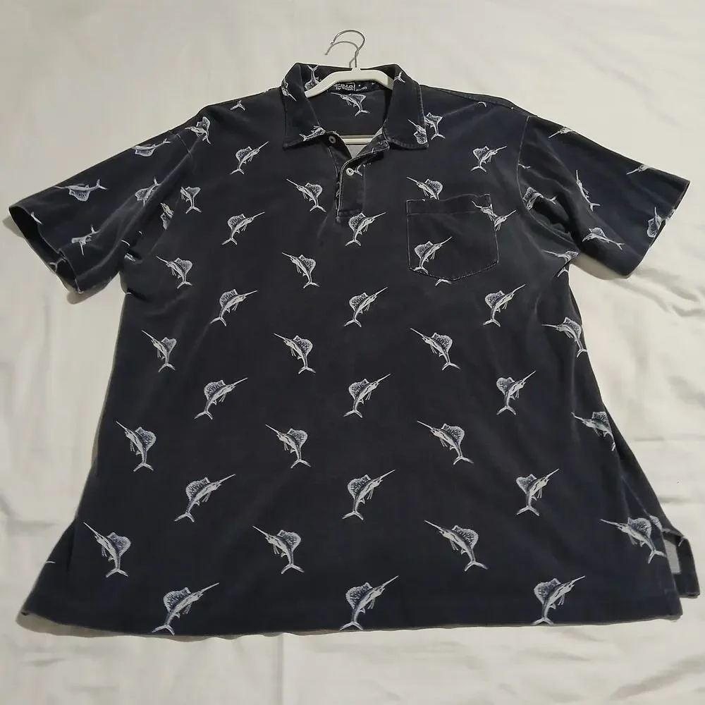 VTG POLO by Ralph Lauren large Navy Blue 100% cotton SAILFISH polo short-sleeved